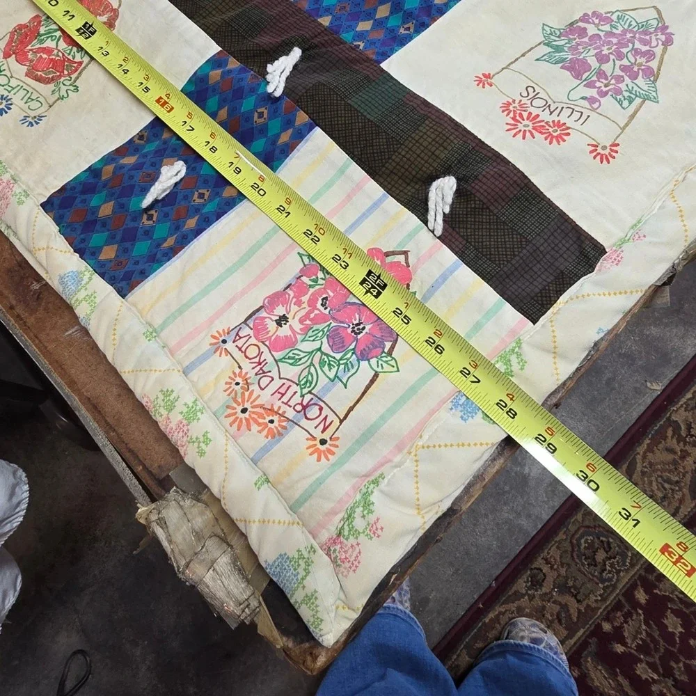Vintage Handmade Quilt USA State Flowers Patchwork Folk Art Cottagecore 57x90